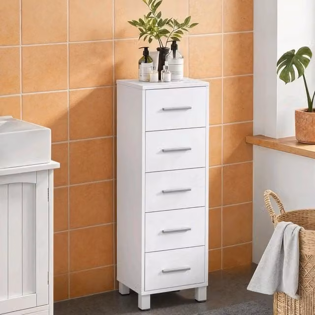 Mobiletto bagno stretto bianco con 5 cassetti 30 x 30 x 95 cm