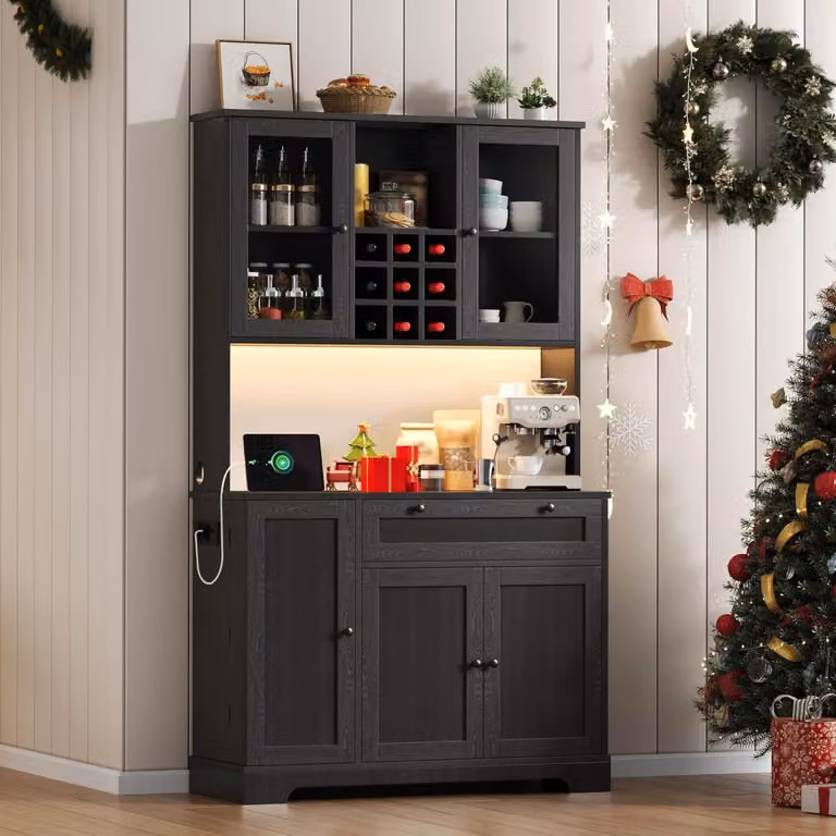 Armadio alto da cucina, 180 cm, con illuminazione a LED, presa di corrente, portabottiglie per vino, cassetti, porta in vetro, colore nero