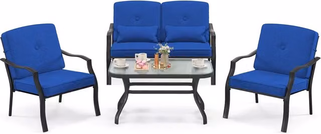 Set 4 Pezzi Salotto da Giardino con Cuscini e Tavolino in Vetro Struttura in Metallo Robusto Blu Navy per Esterno