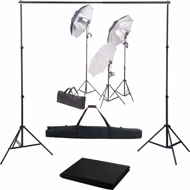Kit professionale per studio fotografico con set di illuminazione regolabile e fondale nero in tessuto
