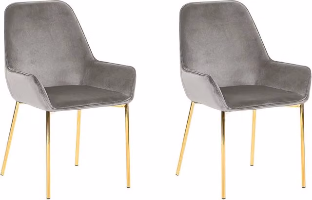 Set di 2 sedie da pranzo Beliani in velluto grigio con gambe in metallo dorato glamour per soggiorno e cucina