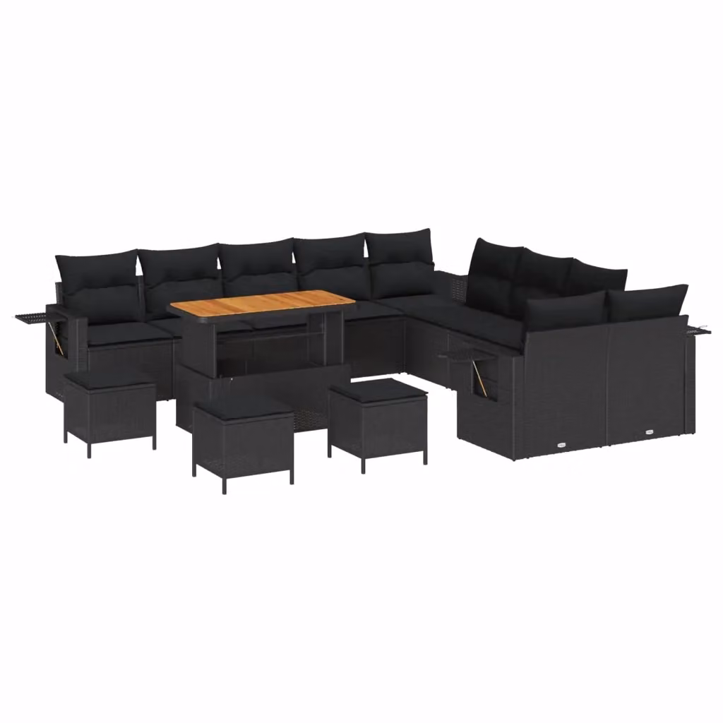 Set Divano da Giardino vidaXL a Forma a U in Polyrattan Nero con Cuscini e Tavolino da Esterno – 2