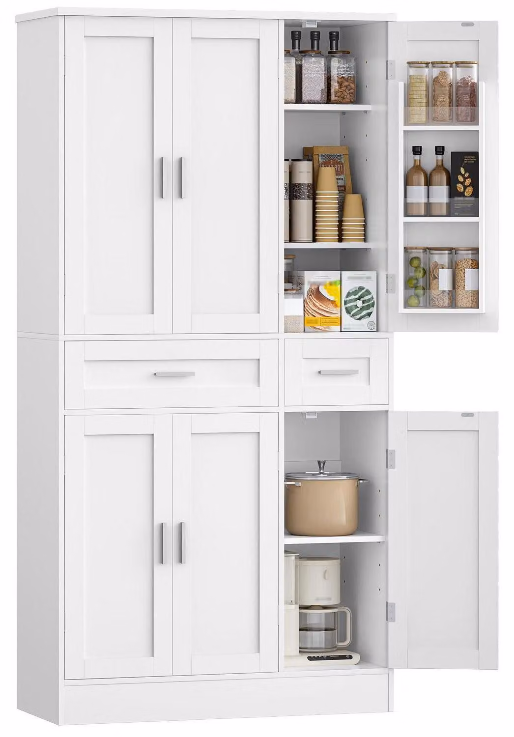 Mobiletto buffet, mobile da cucina, credenza con 6 ante e 2 cassetti, design moderno, colore bianco, dimensioni 40 x 92 x 180 cm, modello PT30003X