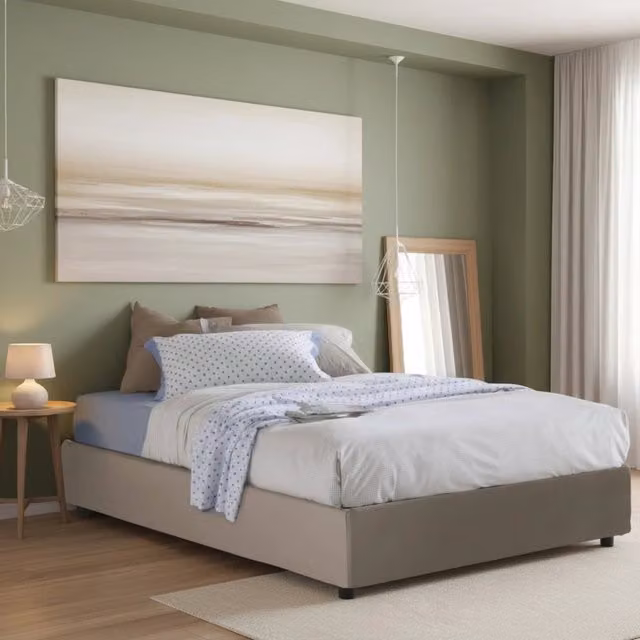 Letto matrimoniale contenitore Osanna di Talamo Italia con rivestimento in ecopelle beige, adatto per materasso 140x200 cm – 1