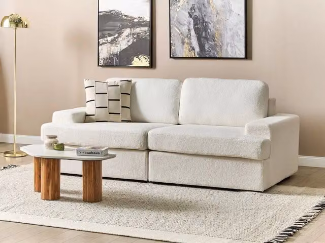 Divano da soggiorno Beliani a 3 posti in tessuto bouclé bianco con struttura in legno massiccio L: 208 cm, P: 86 cm, H: 62 cm – 1
