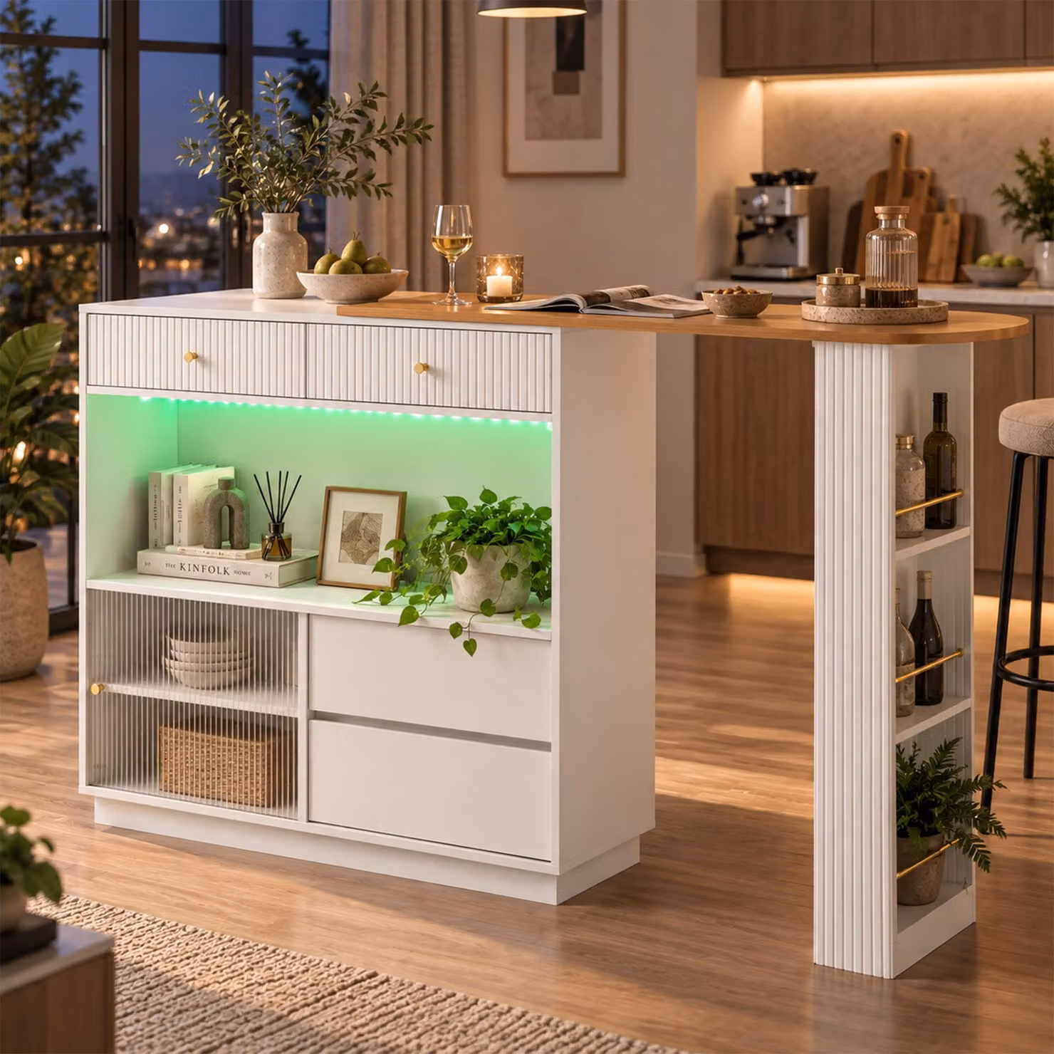Isola da cucina estendibile con illuminazione a LED, bancone bar rotante a 360° con ante scorrevoli in acrilico, tavolo da bistrot con piano di lavoro multifunzionale, colore bianco