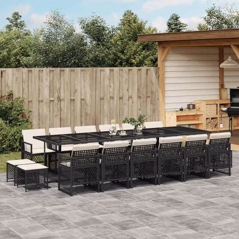 vidaXL Set da Pranzo da Giardino 17 pz in Polyrattan con Cuscini Nero e Bianco e Piano in Vetro