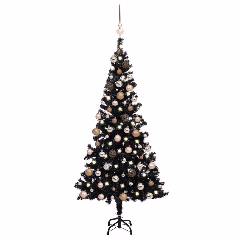 The Living Store Albero di Natale artificiale con luci e palline nero 180 cm