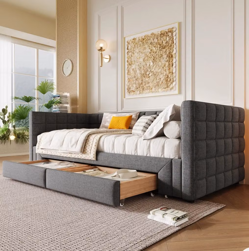 Letto da giorno estraibile moderno in velluto grigio con 2 cassetti L/P/H: 219.5 x 150 x 74 cm – 2