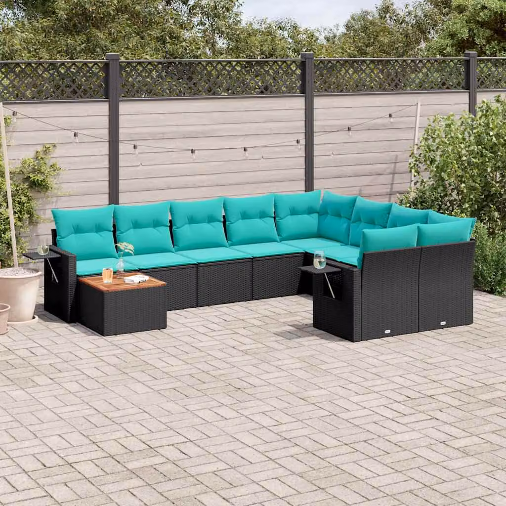 Set di divani da giardino vidaXL in polyrattan nero con cuscini e tavolino da esterno a forma di U
