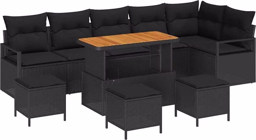 Set Divano da Giardino con cuscino 10 pcs Nero Poly Rattan