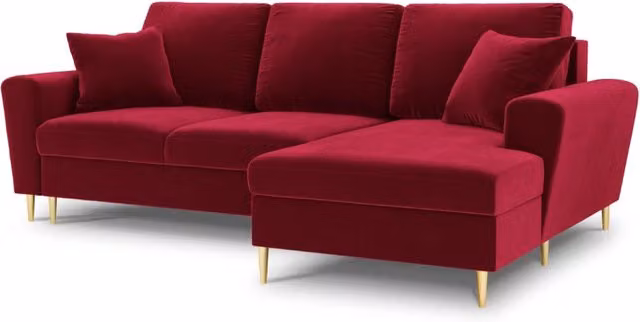 Divano angolare convertibile con contenitore Kyoto di Cosmopolitan Design, modello a 4 posti in velluto rosso e oro, lato destro, L 241 cm x P 114,6 cm x H 88 cm