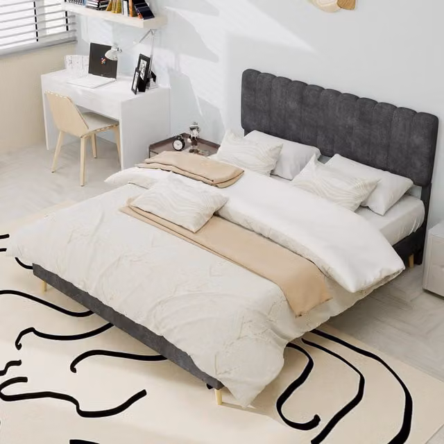Letto matrimoniale 140×200 cm 2 posti, senza materasso, rivestito in tessuto vellutato grigio con struttura in metallo