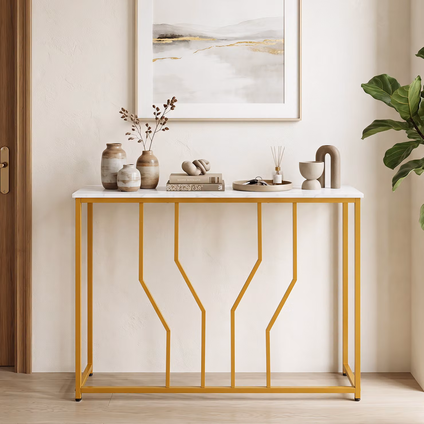 Consolle da ingresso Costway con effetto marmo e struttura in acciaio, design moderno e salvaspazio per soggiorno o corridoio, Bianco