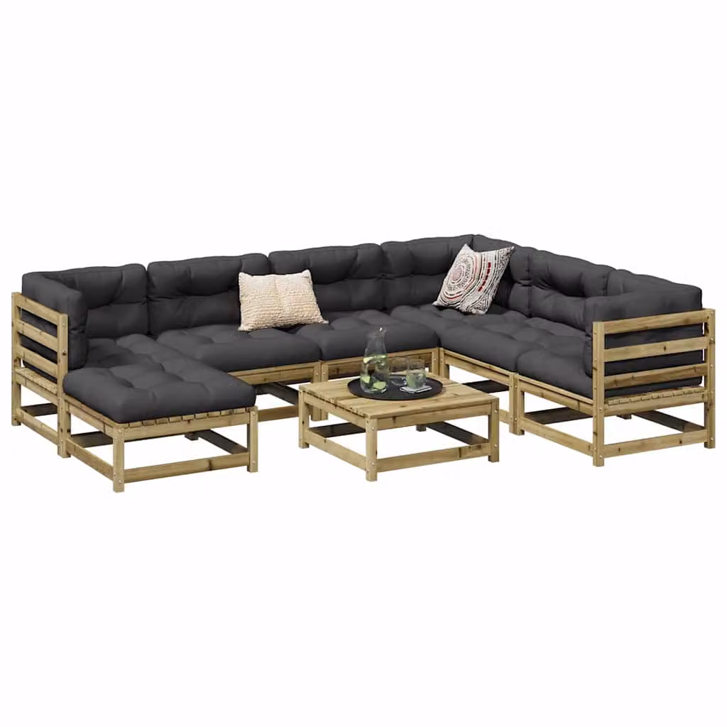 vidaXL Set Divani da Giardino 8 pz a Forma di L in Legno di Pino Impregnato con Cuscini, Marrone e Grigio – 1