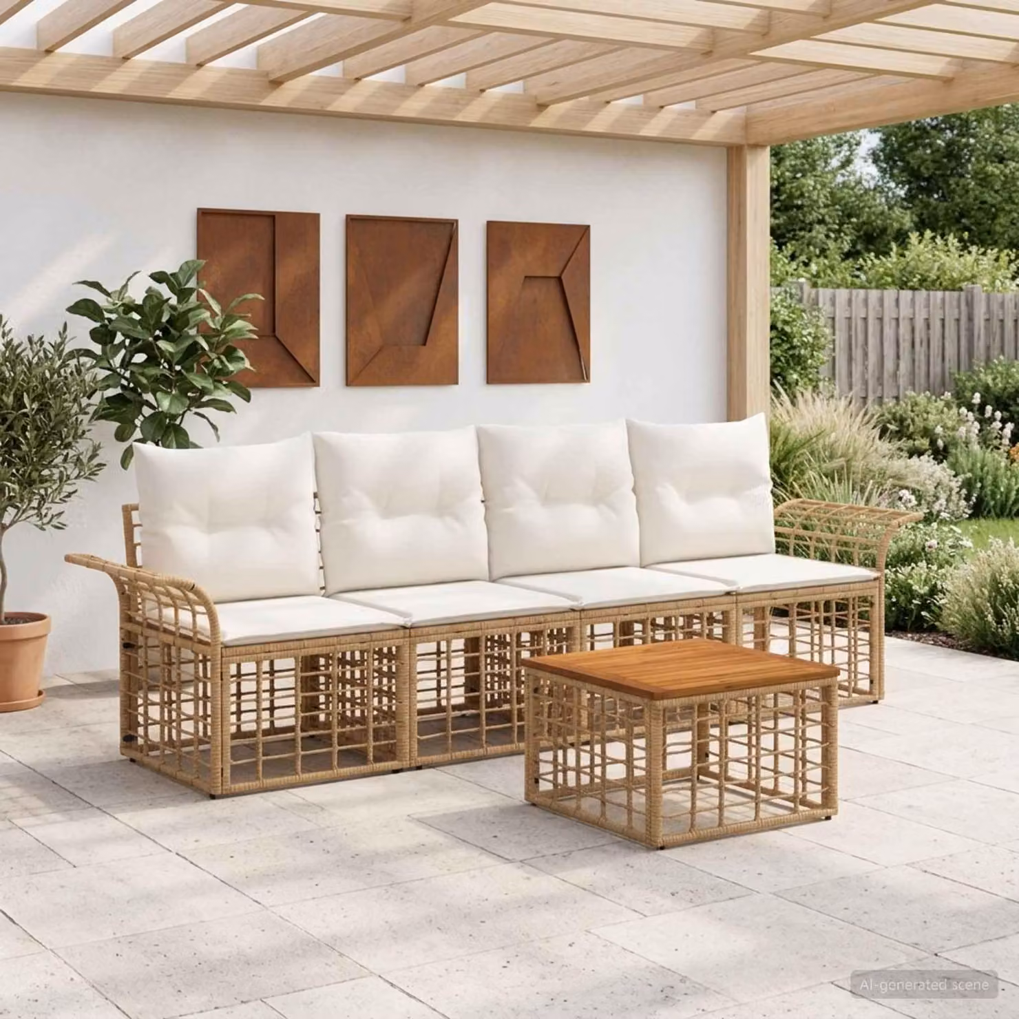 Maison Exclusive - Set da esterno per divano, 5 pezzi, 4 posti, color naturale e crema