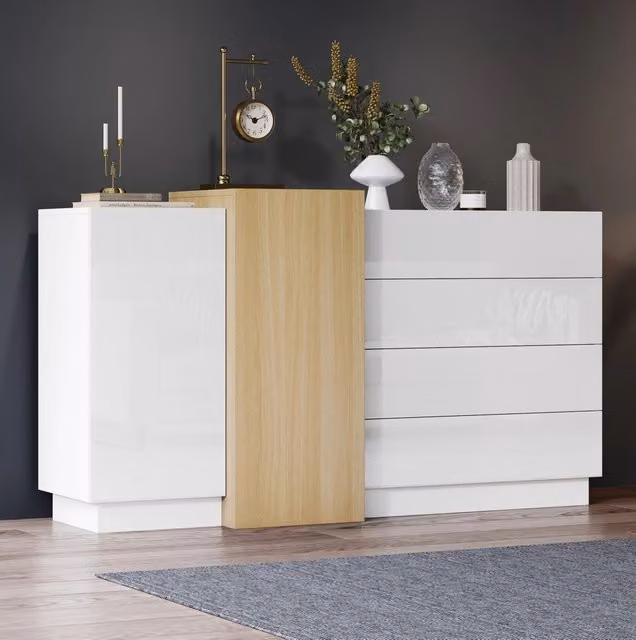 Credenza moderna bianca lucida con cassetti soft close in MDF L: 140 cm, H: 76,5 cm, P: 35 cm