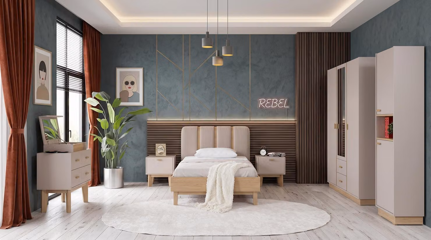 Camera da letto per adolescenti color beige: letto, comodini, armadio, cassettiera, libreria