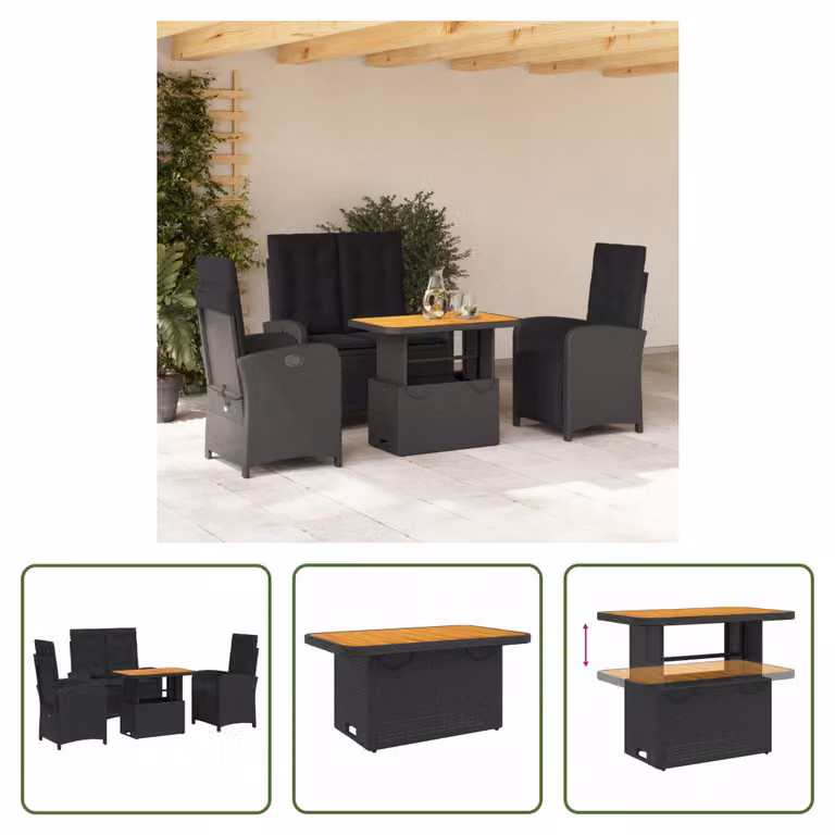 The Living Store Set da pranzo da giardino 4 pezzi con cuscini in poly rattan nero