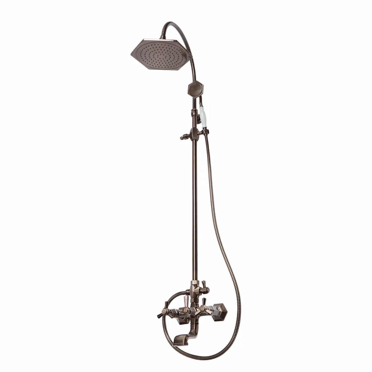 Kit Doccia con Miscelatore per Vasca da Bagno a Parete con Soffione e Doccetta Art Deco - Bronzo Spazzolato - Earlham