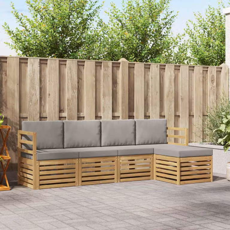 vidaXL Set di divani da esterno a L composto da 5 pezzi in legno di acacia con cuscini, Bianco e Grigio