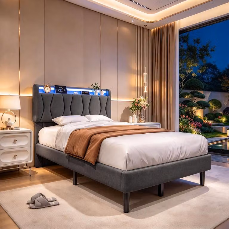 Letto imbottito INONEFT, modello per ragazzi, 140 x 200 cm, con USB, letto matrimoniale con LED, struttura letto silenziosa con testiera in lino (grigio, 140 x 200 cm)