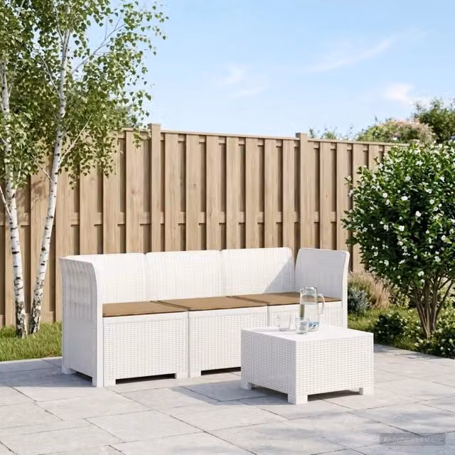 Divano da giardino 3 posti vidaXL con cuscini bianchi e beige in rattan sintetico resistente alle intemperie e ai raggi UV – 1