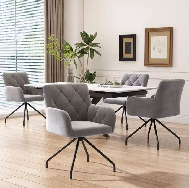 Set di 4 sedie imbottite in velluto grigio chiaro con braccioli e gambe in metallo