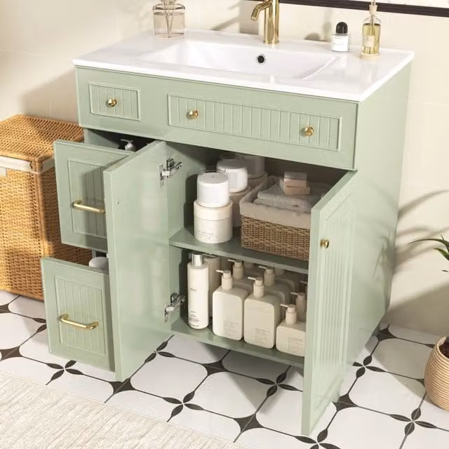 Mobile bagno con lavabo in ceramica, 81,7 cm, superficie laccata, gambe in legno massello, ampio spazio contenitivo, design moderno lusso, verde