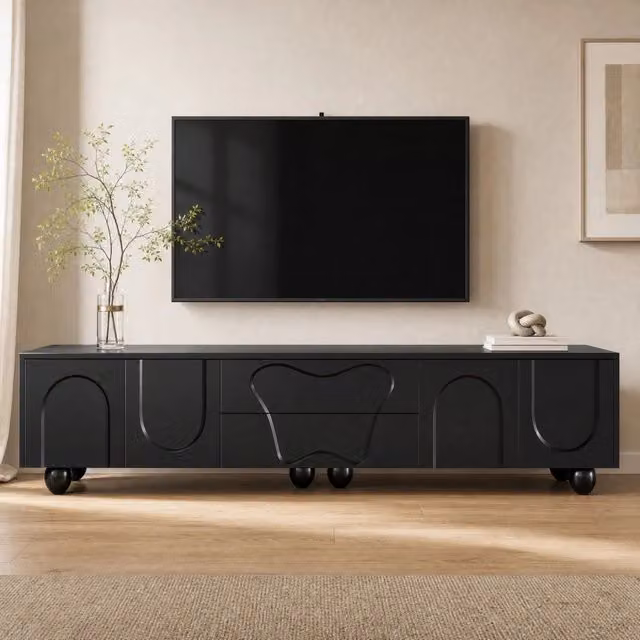 Mobile TV ULEVR 180x40x42 cm nero con cassetti, vani contenitore e gambe in legno massello