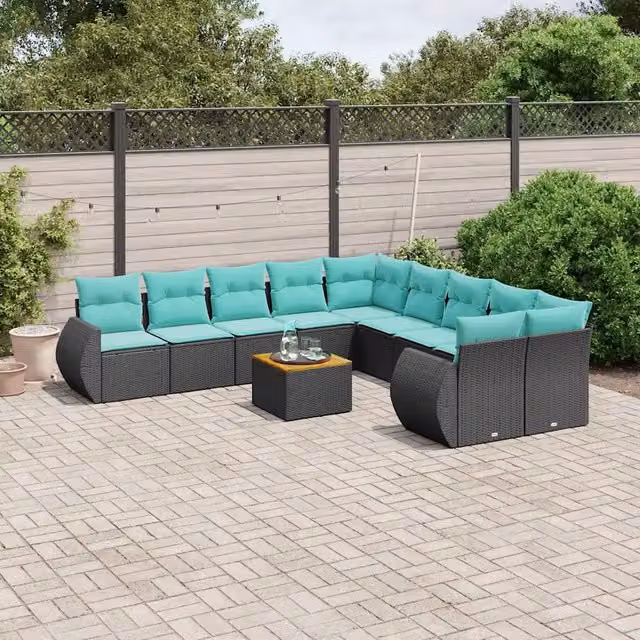 Set Divani da Giardino 11 pz con Cuscini Nero in Polyrattan 3225196