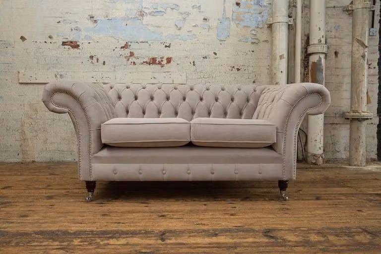 Sofas 2 Sitzer Couch Polster Sofa Stoff Chesterfield Couchen Garnitur Beige