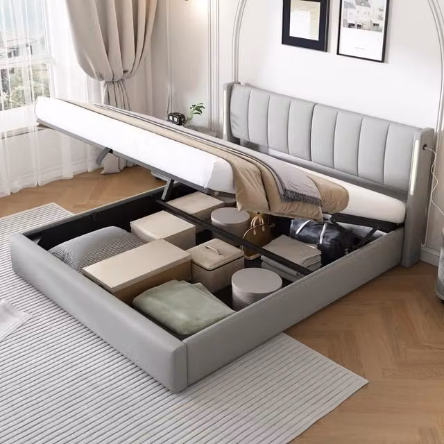 Letto Imbottito REDOM Grigio con Contenitore, Illuminazione LED e Porte USB, L/P/H: 180 x 200 x 103 cm