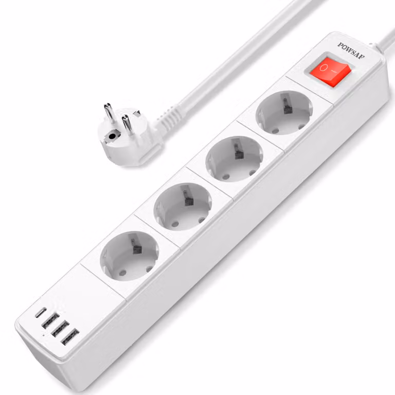 Ciabatta multipresa POWSAF con 4 prese e 4 porte USB, potenza massima di 4000W e 16A, con protezione da sovratensione