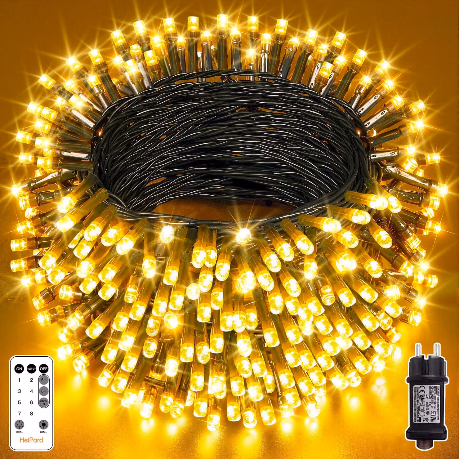 Catena luminosa a LED, 60 metri, 600 LED bianco caldo, 8 modalità, timer, telecomando