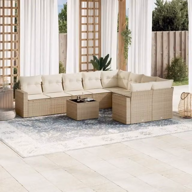 Set Divano da Giardino VIDAXL in Polyrattan con Cuscini Beige, 10 Pezzi, Design Moderno a L