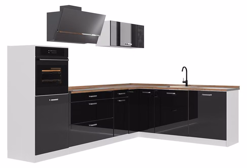 Cucina angolare completa Vicco R-Line Nero lucido/Bianco 287 x cm piano di lavoro Rovere dorato, Model 66770