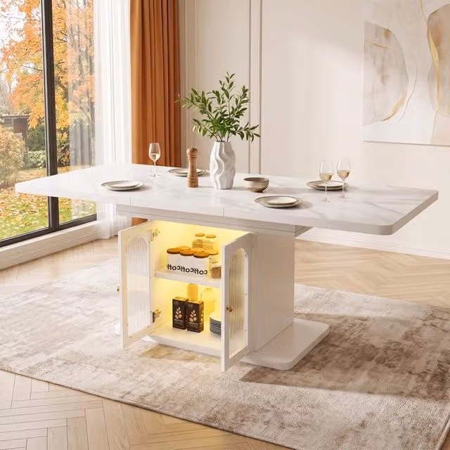 Tavolo da pranzo allungabile OKWISH in MDF bianco con contenitore e illuminazione LED controllabile tramite app, L 200 x P 80 x H 76 cm