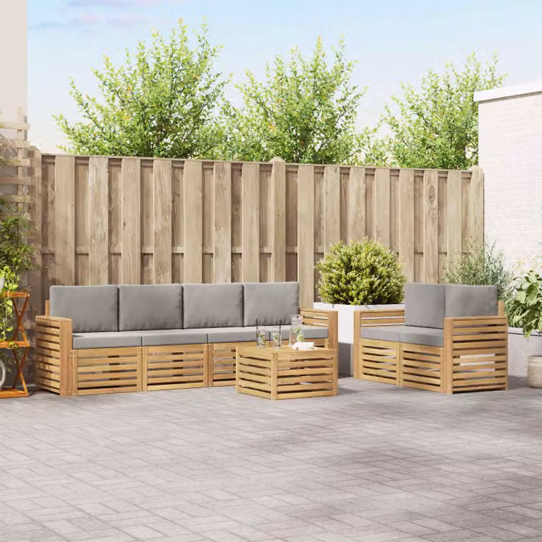 vidaXL Set di divani da esterno a forma di U composto da 7 pezzi con tavolino, in legno di acacia e tessuto bianco e grigio