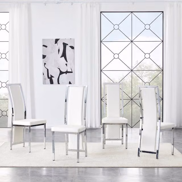Sedie da sala da pranzo in pu con struttura metallica argentata set da 4, schienale alto, bianco
