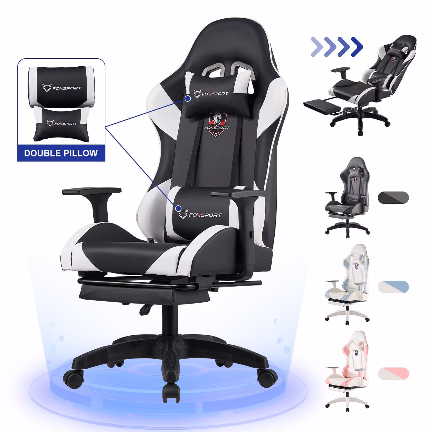 FOXSPORT sedia da gioco sedia da ufficio ergonomica con poggiapiedi retrattile+cuscino lombare+poggiatesta+braccioli flessibili sedia per computer fino a 150kg nero