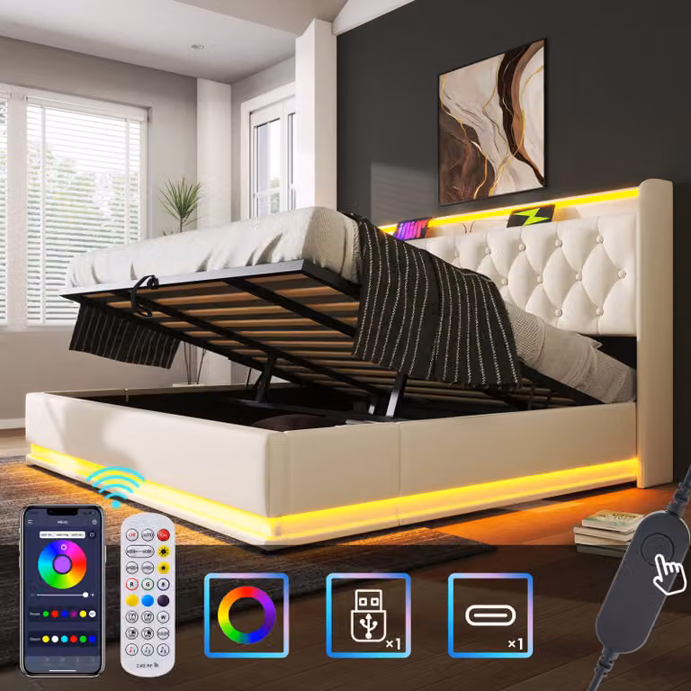 Letto imbottito STILVORA 180×200 cm con contenitore e funzione LED a 360° (pulsante/app/telecomando), letto per ragazzi con testiera imbottita e funzione di ricarica USB Type-C, beige (senza materasso)