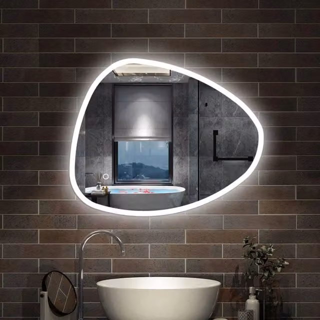 specchio forma irregolare 100x80 cm retroilluminato con luce a 3 colori, touch e pellicola antideflagrante