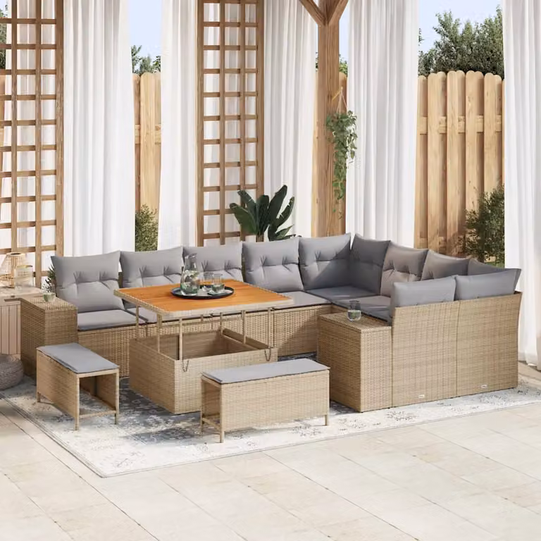 Set Divano da Giardino vidaXL 12 Pezzi a Forma di L con Cuscini Beige e Struttura in Metallo e Polyrattan