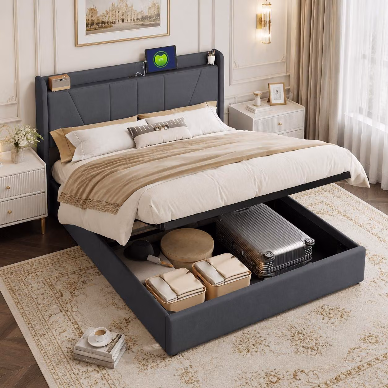 Letto matrimoniale imbottito con base a molle, dimensioni 160 x 200 cm, con spazio contenitore, dotato di rete a doghe e prese USB, rivestito in lino, colore grigio