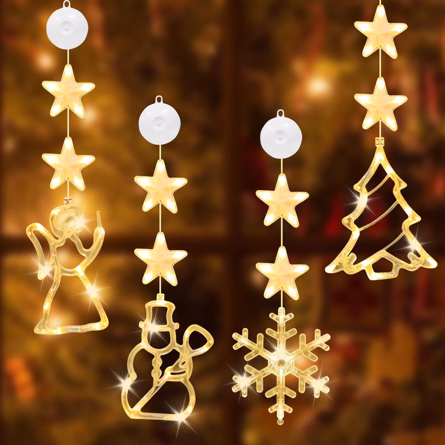 Set di 4 luci natalizie a LED con ventose, luce bianco caldo, alimentate a batteria