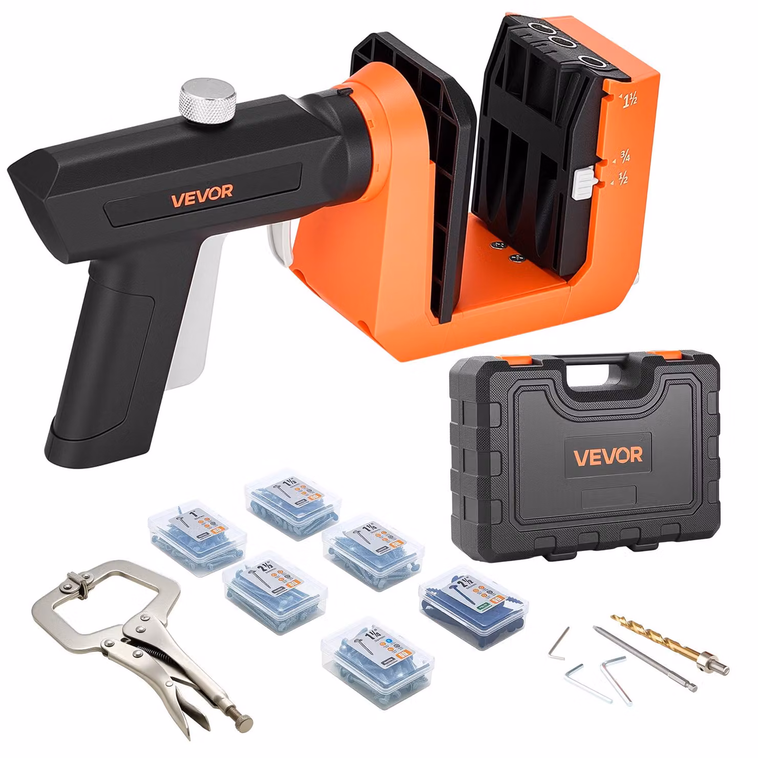Set di dima per fori passanti SucceBuy, 12,7, 19, 38,1 mm, impugnatura girevole a 360°, 260 viti, morsetto a C, anello di battuta, punta da trapano, facile da fissare e regolare, adatto alla lavorazione del legno