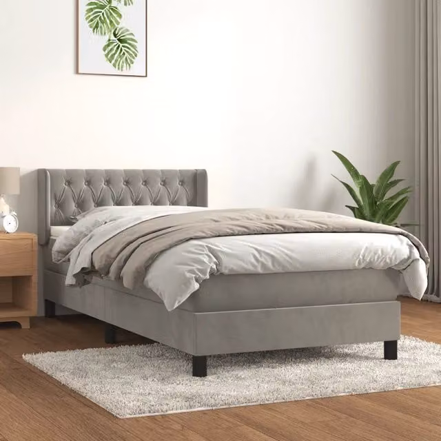 Letto con Giroletto a Molle e Materasso Ibrido vidaXL in Velluto Grigio Chiaro e Bianco L/P/H: 100 x 200 x 88 cm