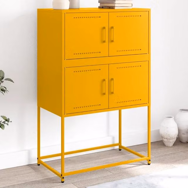 Credenza Buffet Design Mania in metallo giallo con ante a battente per cucina, soggiorno o camera da letto, L: 68,5 cm, P: 38,5 cm, H: 107 cm