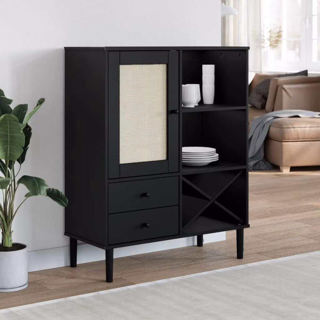 Credenza vidaXL SENJA in legno di pino massello con aspetto rattan, colore nero, L 90 cm, P 40 cm, H 112 cm